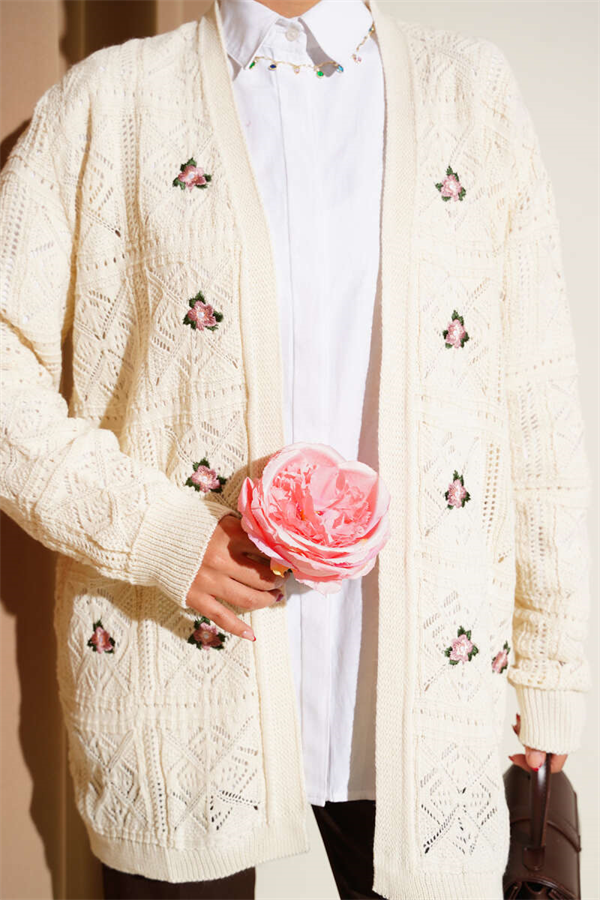Floral Embroidered Knitted Cardigan, Beige