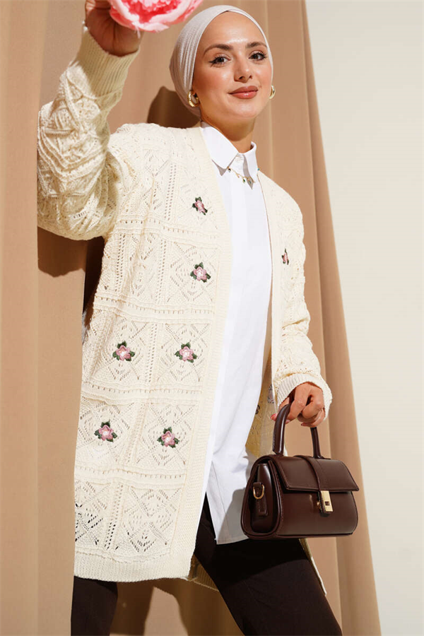 Floral Embroidered Knitted Cardigan, Beige