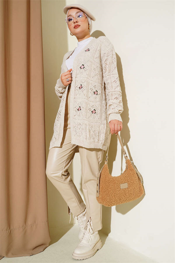 Flower Embroidered Knitted Cardigan with Stones