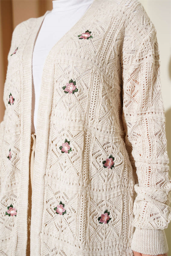Flower Embroidered Knitted Cardigan with Stones