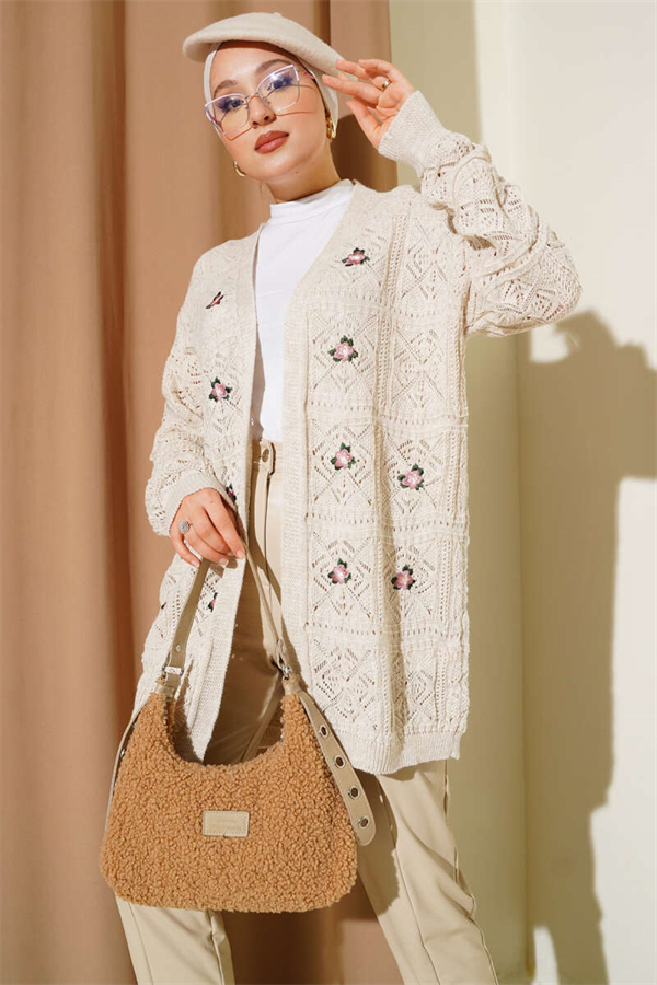 Flower Embroidered Knitted Cardigan with Stones