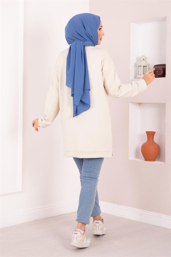 Floral Embroidered Loysha Hijab Tunic Beige