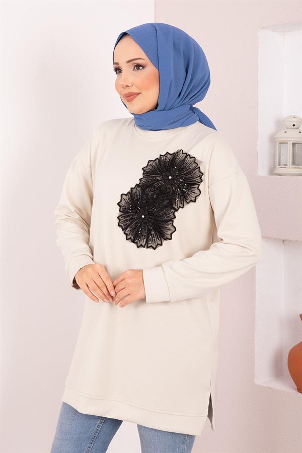 Floral Embroidered Loysha Hijab Tunic Beige