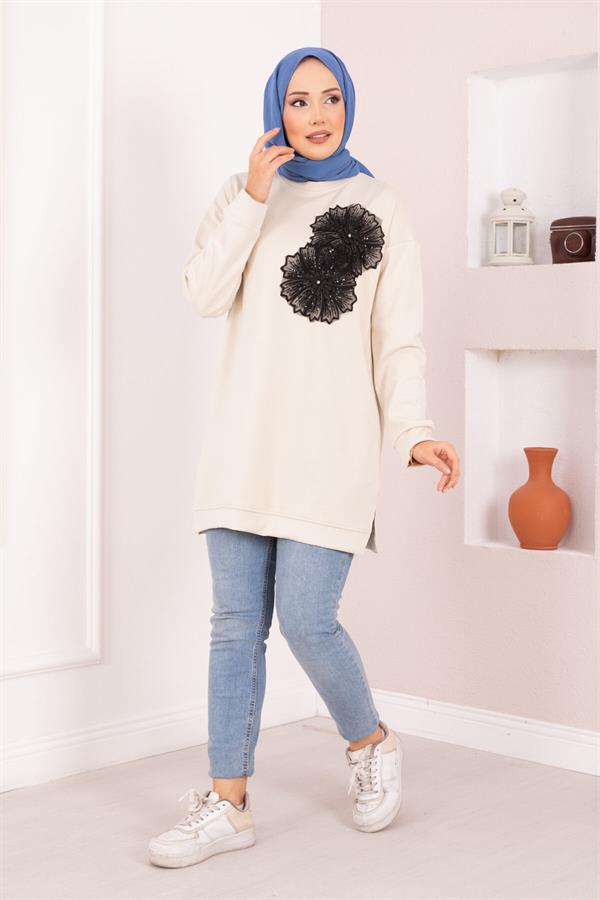 Floral Embroidered Loysha Hijab Tunic Beige