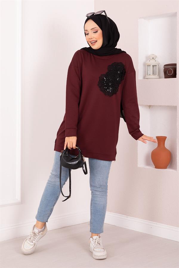 Floral Embroidered Loysha Hijab Tunic Burgundy