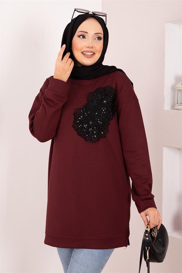 Floral Embroidered Loysha Hijab Tunic Burgundy