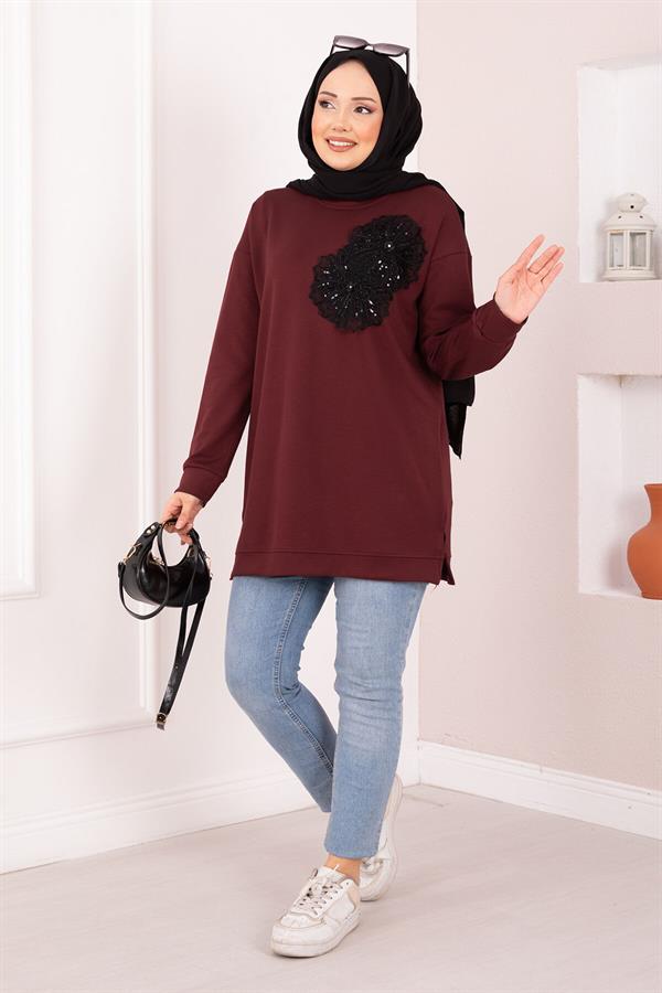 Floral Embroidered Loysha Hijab Tunic Burgundy