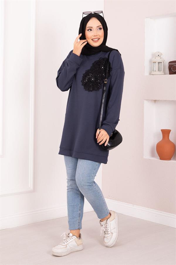 Floral Embroidered Loysha Hijab Tunic in Smoke