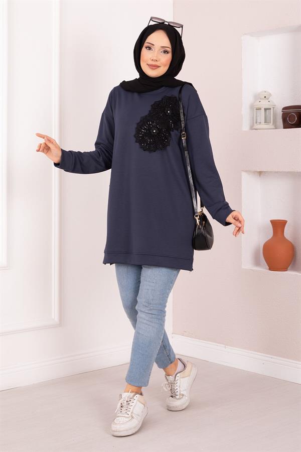 Floral Embroidered Loysha Hijab Tunic in Smoke