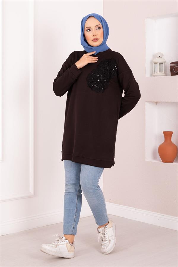 Floral Embroidered Loysha Hijab Tunic Brown
