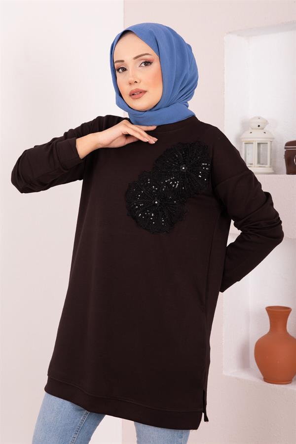 Floral Embroidered Loysha Hijab Tunic Brown