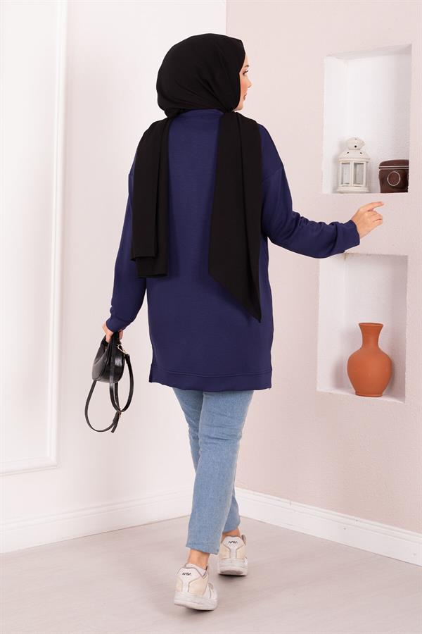 Floral Embroidered Loysha Hijab Tunic Navy Blue