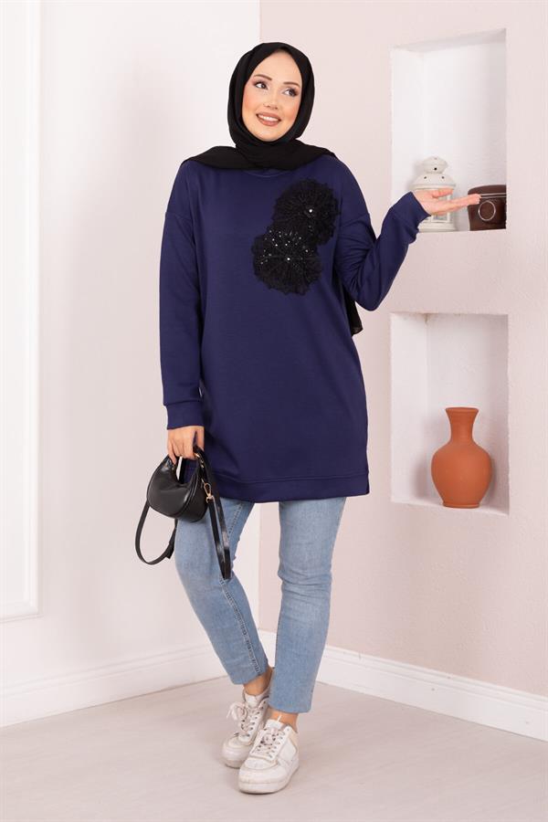 Floral Embroidered Loysha Hijab Tunic Navy Blue