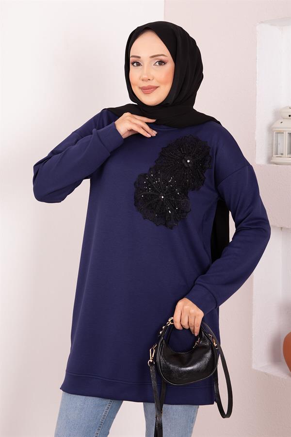 Floral Embroidered Loysha Hijab Tunic Navy Blue
