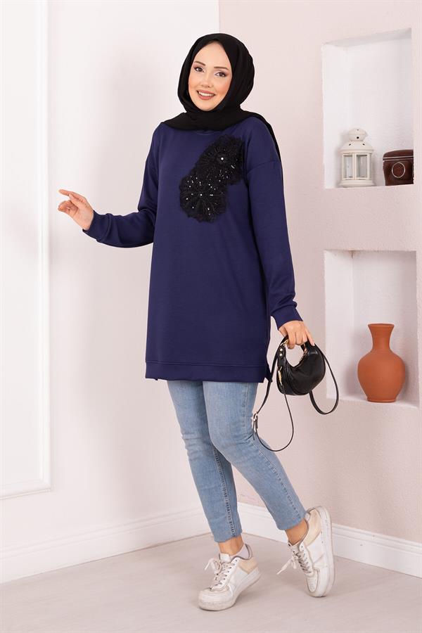 Floral Embroidered Loysha Hijab Tunic Navy Blue