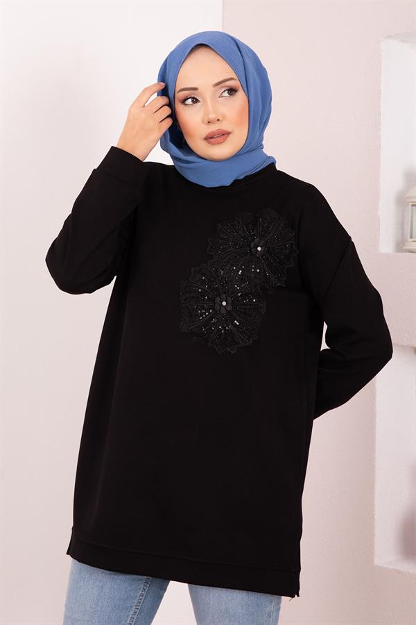 Floral Embroidered Loysha Hijab Tunic Black