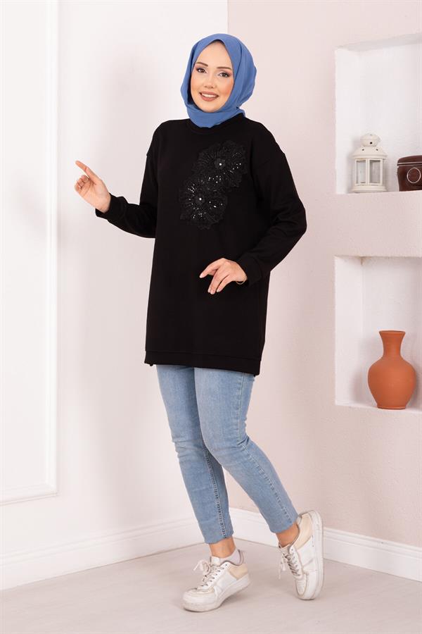 Floral Embroidered Loysha Hijab Tunic Black