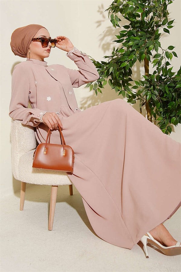 Beige Dress with Floral Embroidered Cape