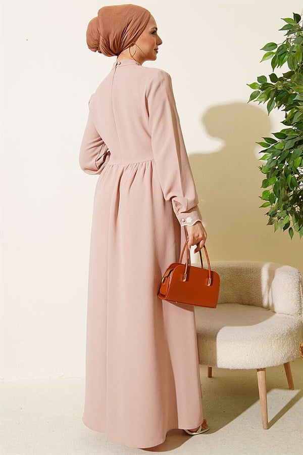 Beige Dress with Floral Embroidered Cape