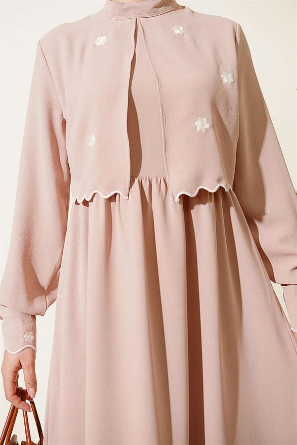 Beige Dress with Floral Embroidered Cape