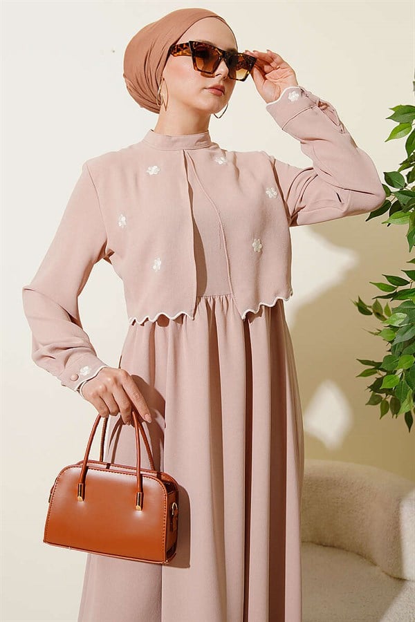 Beige Dress with Floral Embroidered Cape