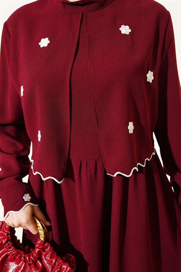 Burgundy Dress with Floral Embroidered Cape