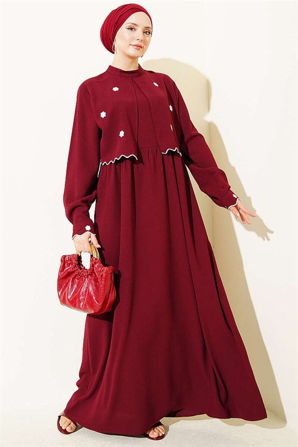 Burgundy Dress with Floral Embroidered Cape