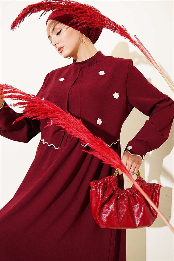 Burgundy Dress with Floral Embroidered Cape