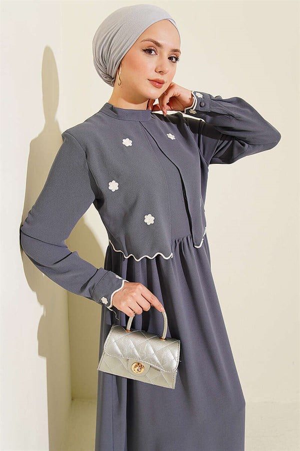 Floral Embroidered Cape Dress Grey