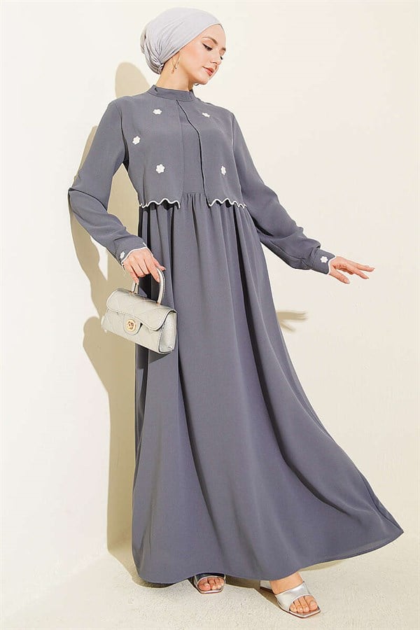 Floral Embroidered Cape Dress Grey