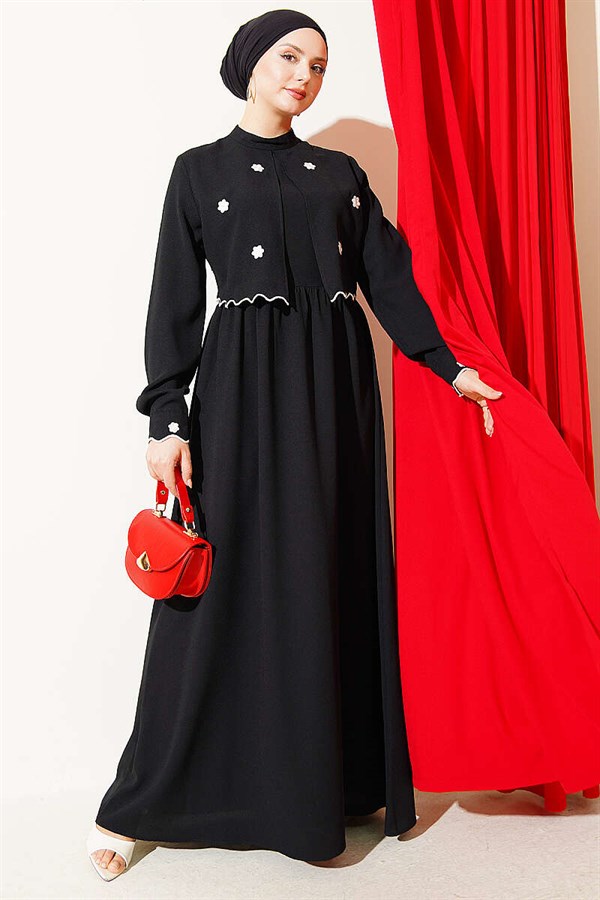 Black Dress with Floral Embroidered Cape