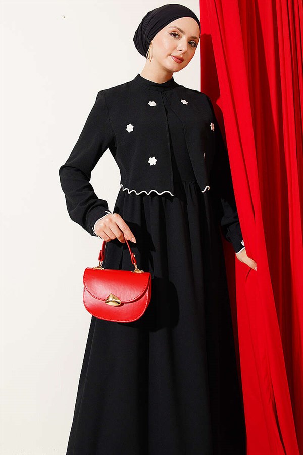 Black Dress with Floral Embroidered Cape