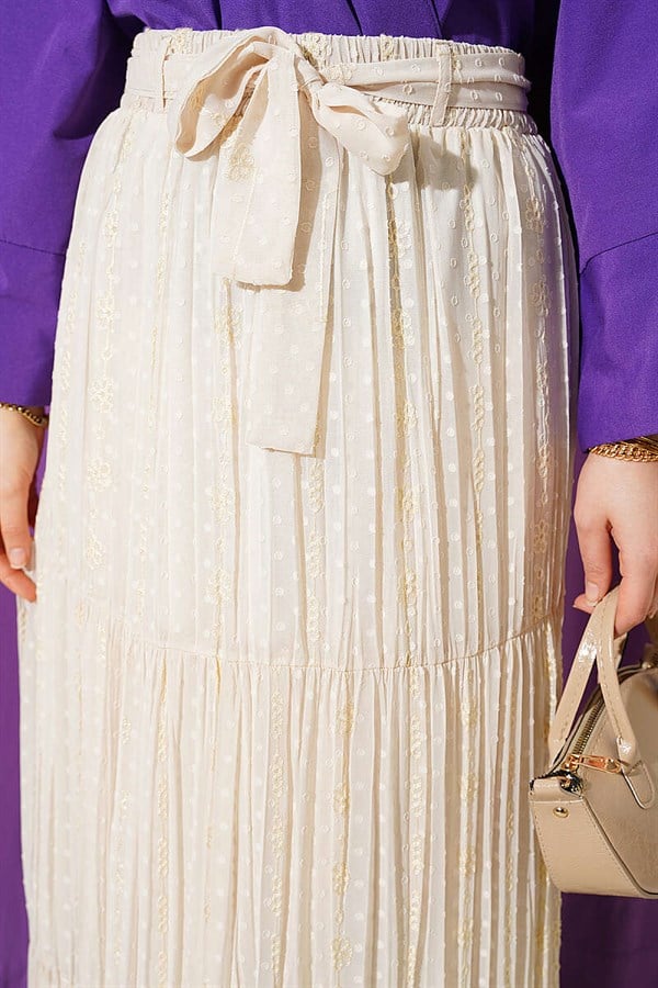 Beige Pleated Chiffon Skirt with Floral Embroidery