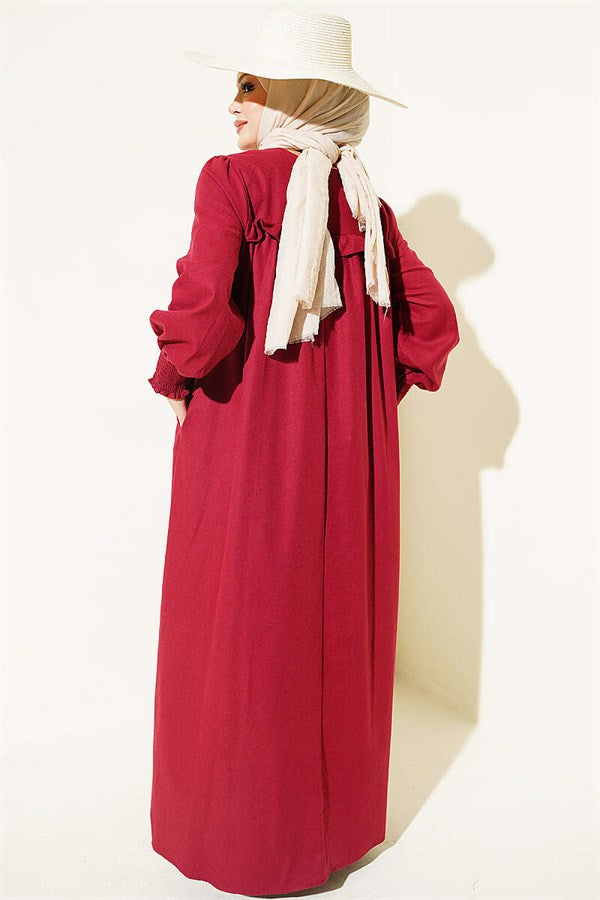 Burgundy Dress with Floral Embroidery and Yoke