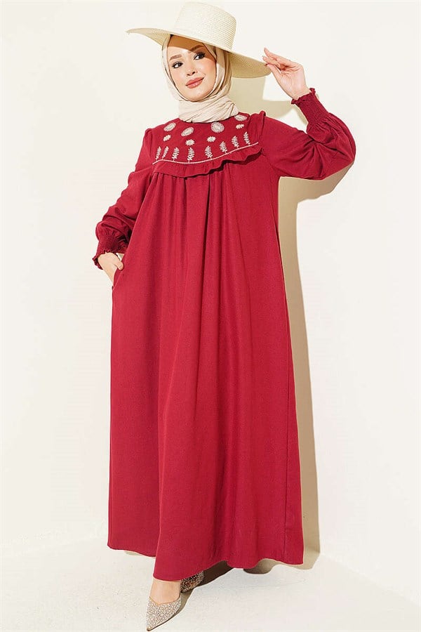 Burgundy Dress with Floral Embroidery and Yoke