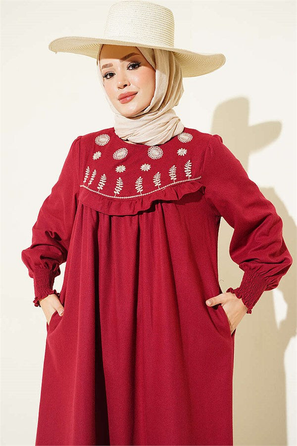 Burgundy Dress with Floral Embroidery and Yoke