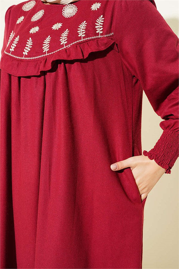 Burgundy Dress with Floral Embroidery and Yoke