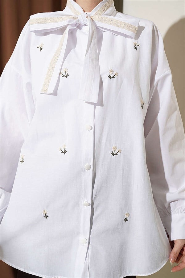 White Shirt with Floral Embroidery and Tie Collar