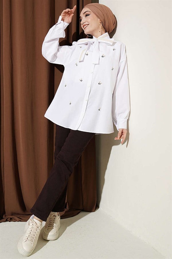 White Shirt with Floral Embroidery and Tie Collar