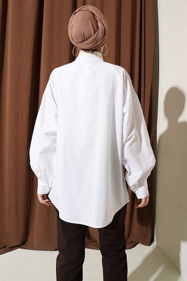 White Shirt with Floral Embroidery and Tie Collar