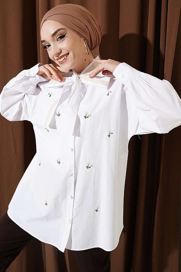 White Shirt with Floral Embroidery and Tie Collar