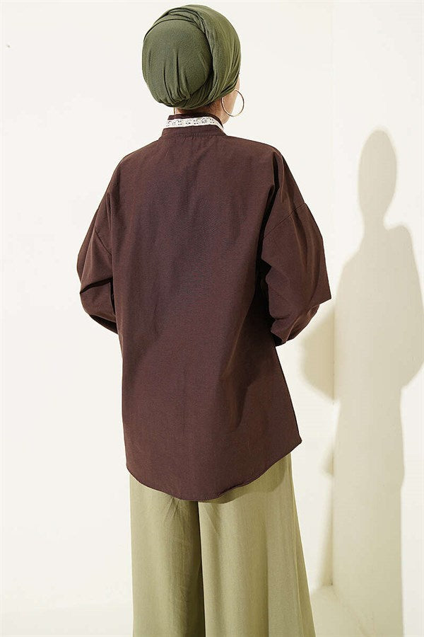 Floral Embroidered Tie-Collar Shirt, Coffee