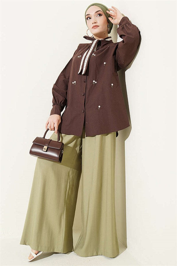 Floral Embroidered Tie-Collar Shirt, Coffee