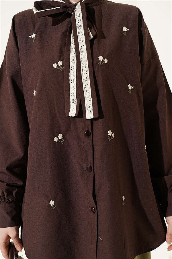 Floral Embroidered Tie-Collar Shirt, Coffee