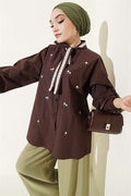 Floral Embroidered Tie-Collar Shirt, Coffee