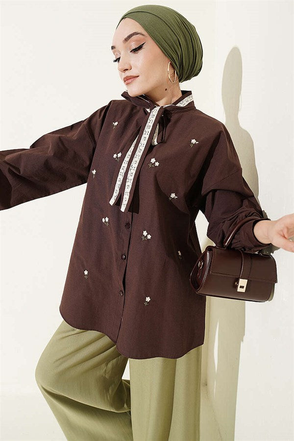 Floral Embroidered Tie-Collar Shirt, Coffee