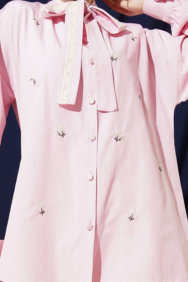 Pink Shirt with Floral Embroidery and Tie Collar