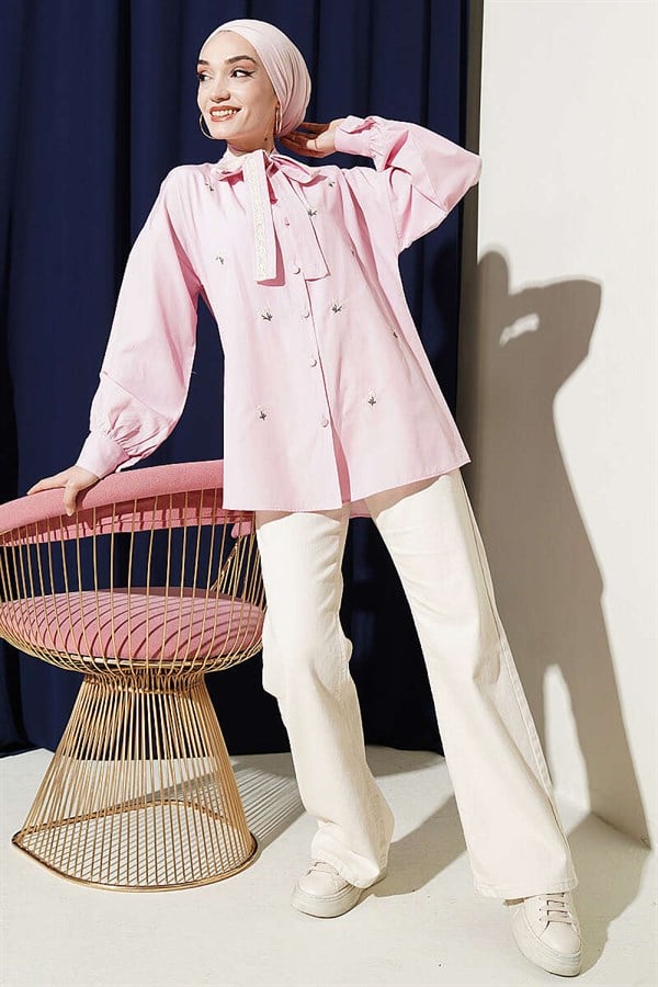 Pink Shirt with Floral Embroidery and Tie Collar