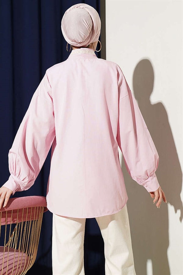 Pink Shirt with Floral Embroidery and Tie Collar