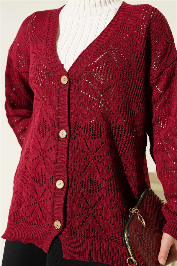 Flower Patterned Buttoned Knit Cardigan, Burgundy